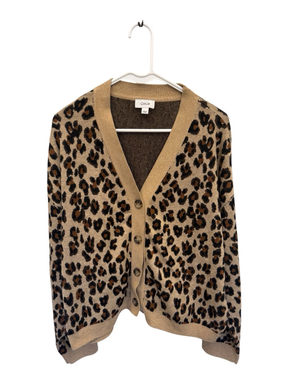 CeCe Leopard-Print Tan and Black Button Cardigan
